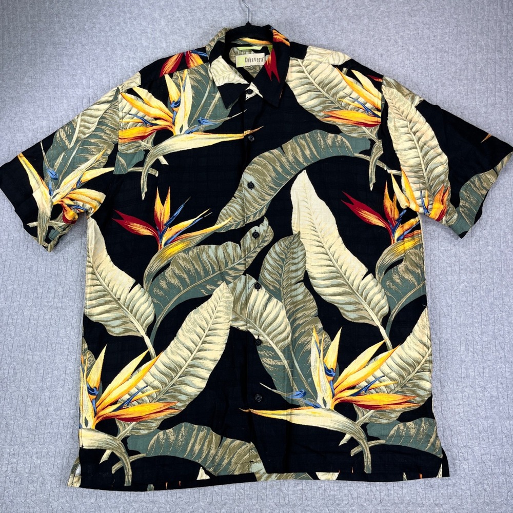 Cubavera Button Up Shirt Mens Large Black Floral Bird of Paradise Tropical Rayon